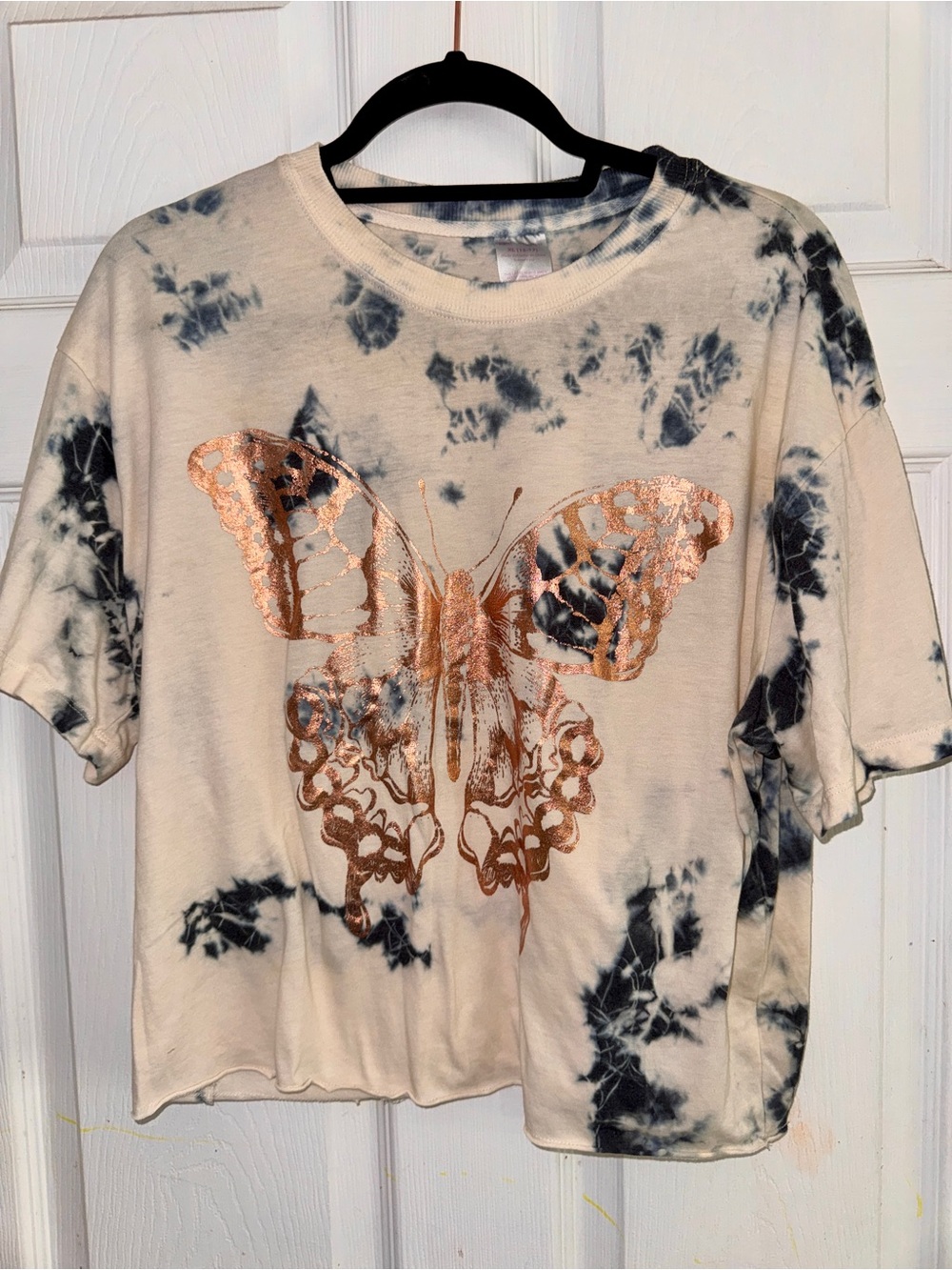Women’s/Girls Tie-Dye Graphic Butterfly Foil Tee - Rose Gold on Cream - XL
